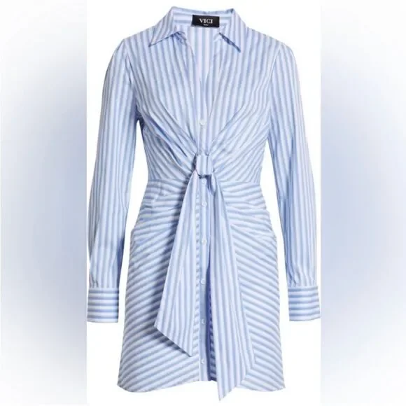 VICI NWT Women's Blue & White Stripe Tie-Front
Long Sleeve Shirtdress Size S - Picture 5 of 6